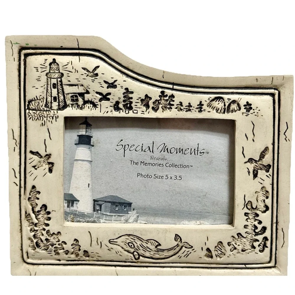 Vintage Lighthouse Photo Frame Coastal Nautical Whale Seagulls Beach Decor 5x3.5